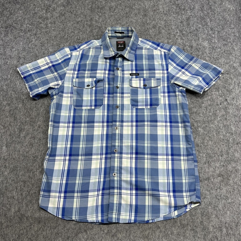 Wrangler Shirt Mens M Blue Plaid Short Sleeve Button Stretch Outdoor Casual Vent